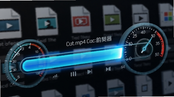 速转mp4格式转换器软件界面中转换进度条快速前进的特写画面，背景有模糊的视频素材文件图标，进度条呈现亮蓝色，周围有速度仪表盘元素，体现高效极速的转换性能，画面生动且富有科技感