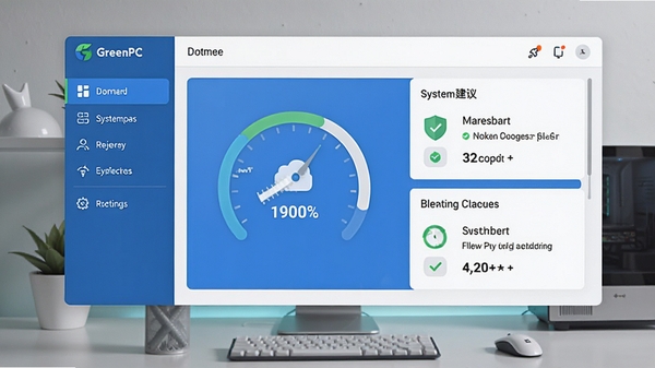 GreenPC主界面示意图,展示简洁的仪表盘风格,左侧为功能导航栏,右侧显示系统评分与清理建议,整体采用蓝白配色,现代扁平化设计,背景为干净的桌面环境