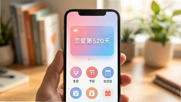温馨的智能手机屏幕特写，屏幕中央显示点点纪念日应用界面，界面以柔和的粉蓝色渐变背景，上方有“恋爱第520天”的醒目数字卡片，下方排列着几个圆形图标分别代表生日、节日、纪念日，整体画面明亮温暖，背景虚化的书桌和绿植，营造出生活化的氛围，竖版构图，细节丰富，光线柔和，适合应用商店展示图