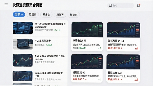 快讯通资讯聚合页面效果图，展示分类标签栏、新闻标题列表与摘要卡片，包含股票、基金、期货等板块，界面整洁，图文并茂，背景为浅灰色，现代扁平化设计