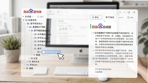 百度通电子书制作生成器的章节拖拽操作演示图,画面聚焦于软件中间的树形目录区域,鼠标正拖拽一个章节节点至新位置,右侧编辑区显示对应内容,背景为虚化的办公桌面,突出软件界面操作流畅性
