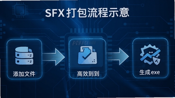 Make SFX打包流程示意，从添加文件到生成exe的步骤箭头图，背景为科技感蓝色调，图标风格简洁明了，展示操作的高效性