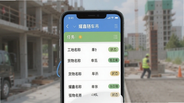 耀鑫随车吊任务管理界面截图风格，手机屏幕显示任务列表，包含工地名称、货物名称、状态标签，背景模糊处理，突出界面UI设计，扁平化风格，色彩清新，信息层级分明