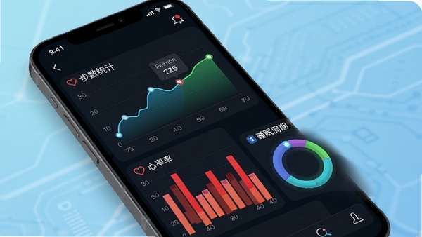健康伴侣数据追踪功能示意图，展示手机界面中步数统计折线图、心率柱状图、睡眠周期环状图，背景为浅蓝色科技感渐变，数据图表色彩鲜明，界面干净清晰，突出数据可视化效果