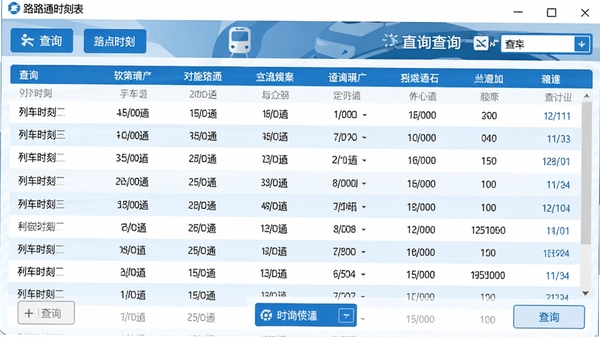 路路通时刻表软件主界面截图，展示清晰的列车时刻查询列表与功能按钮布局，背景为简洁的蓝白配色，突出数据表格与查询选项