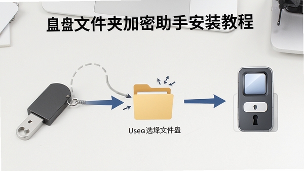 U盘文件夹加密助手安装教程示意图，画面分步展示插入U盘、选择文件夹、输入密码的流程，背景为干净的纯色桌面