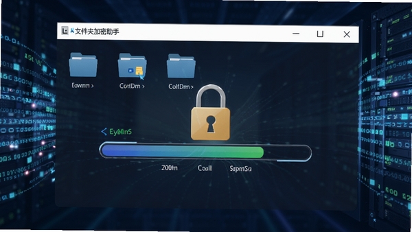 展示U盘文件夹加密助手正在对U盘中的文件夹执行加密操作的界面，画面突出加密进度条和锁形图标，背景为数据流动的抽象光影效果