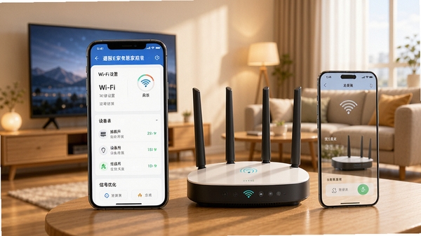 通服E家智慧家庭网络控制功能展示，手机界面显示路由器管理面板，包含Wi-Fi设置、设备列表、信号优化选项，背景为现代家庭客厅场景，路由器模型和手机屏幕元素结合，色调温馨明亮，突出科技感与生活化