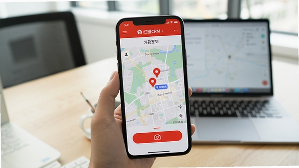 红圈CRM+ 外勤签到界面,手机地图上显示打卡位置标记及拍照按钮,背景为办公桌与笔记本电脑,实拍风格,光线明亮