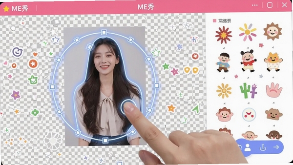 ME秀智能抠图功能演示，屏幕中一个用户正在用手指圈选照片中的人物，人物被高亮选中并分离出来，背景变成透明网格，旁边有贴纸素材库可供选择，界面直观易用，软件名称“ME秀”出现在标题栏