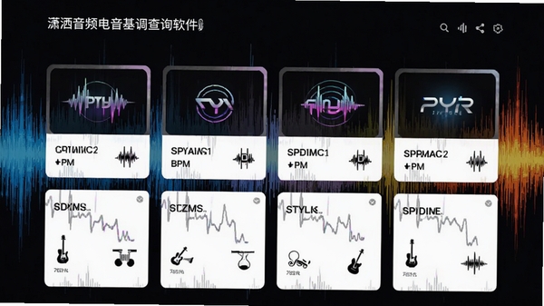 潇洒音频电音基调查询软件的电音风格百科页面截图,显示多种电音风格的分类卡片,每张卡片上有风格名称、典型BPM范围和代表性乐器图标,背景为彩色声波抽象图案,设计现代