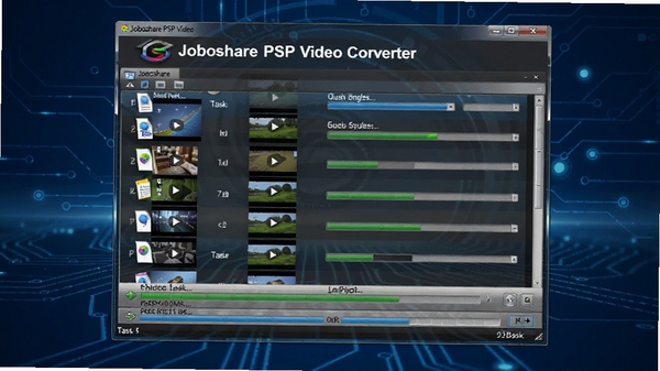 Joboshare PSP Video Converter软件正在同时转换多个不同格式的视频文件，界面显示任务队列和进度条，画面展现软件强大的批量处理能力，背景为科技感十足的深蓝色，软件名称Joboshare PSP Video Converter清晰可见