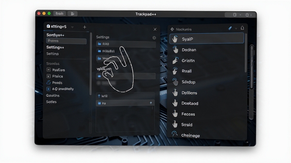 Trackpad++软件主界面预览图，展示设置面板与手势列表，背景为深色科技感风格，界面清晰明亮，整体氛围专业且现代化