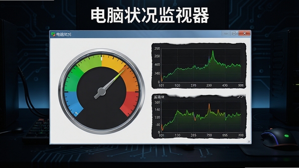 电脑状况监视器软件主界面预览图，画面中央是彩色仪表盘和实时曲线图，背景为深色科技感桌面，整体风格简洁清晰，突出软件名称“电脑状况监视器”