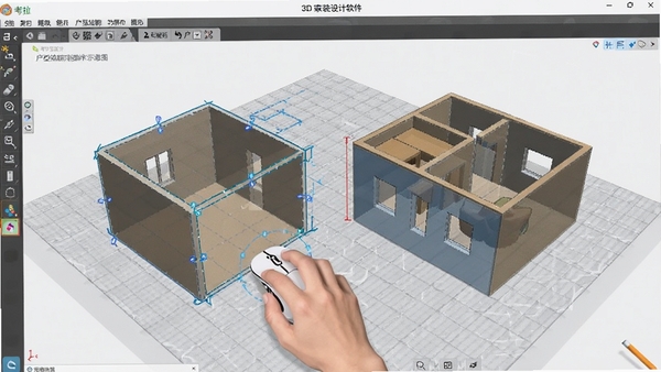 考拉猫3D家装设计软件户型绘制功能操作示意图,画面展示用户通过鼠标拖拽绘制墙体,软件自动生成3D结构,背景为半透明的网格平面,突出绘制工具和精准度
