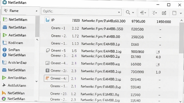 NetSetMan主界面截图,展示多个网络配置文件列表,左侧是配置名称,右侧显示IP地址、子网掩码、网关等参数,背景是干净的浅灰色界面,整体风格简洁专业,高清渲染