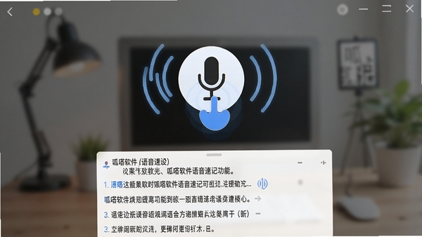 呱嗒软件语音速记功能的界面截图,展示了一个麦克风图标被按住,周围有波纹动画,下方是实时转换出的文字列表,背景虚化处理,重点突出语音输入的便捷性和准确性