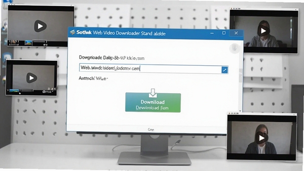 一个简洁的电脑桌面场景，屏幕中显示Sothink Web Video Downloader Stand-alone软件主界面，界面中有网址输入框和下载按钮，周围有悬浮的视频捕获小窗口，背景为浅灰色工作台，画面干净明亮，突出软件易用性，整体风格写实清晰