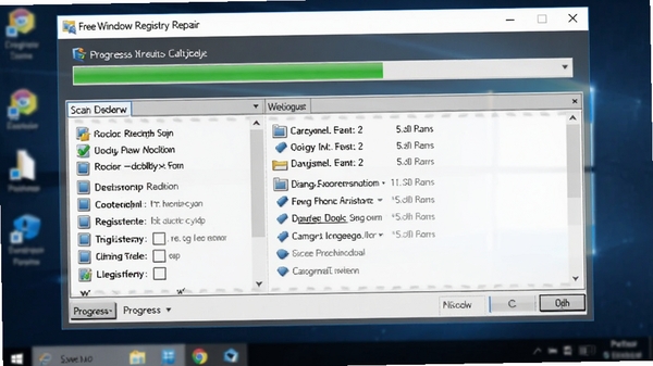 Free window registry repair 扫描过程动画截图，显示进度条和扫描到的各类注册表错误分类列表，背景为模糊的Windows桌面，突出软件扫描功能
