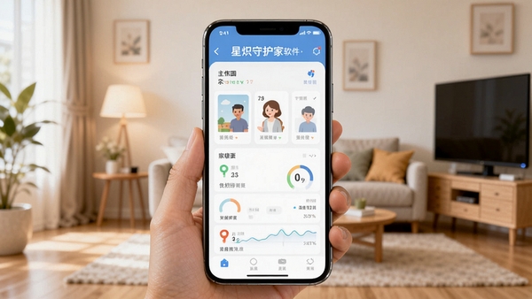 星炽守护家软件主界面预览图，画面主体为智能手机展示家庭健康管理仪表盘，背景为温馨的现代客厅环境，采用Boogu模型生成，风格明亮清晰