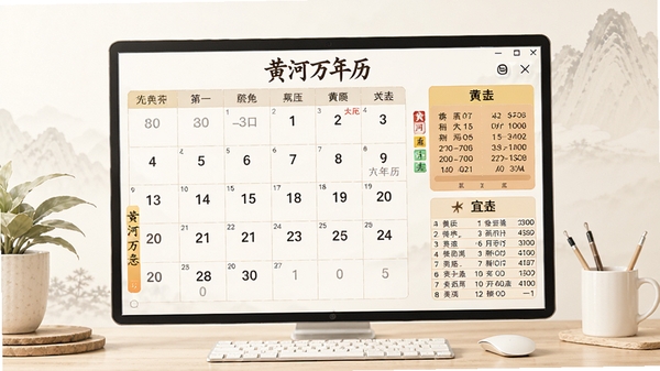 黄河万年历主界面预览图，展示清晰的日历网格、农历信息与黄历宜忌区域，整体风格简洁明亮，背景为淡雅的桌面壁纸，画面主体居中，细节丰富，适合用作软件介绍首图