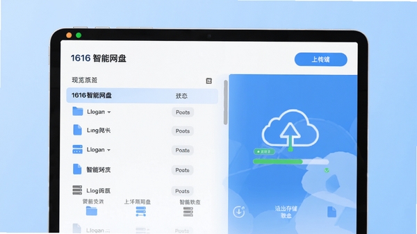 1616智能网盘主界面预览图,展示文件列表、上传按钮和云端存储状态,背景为干净的浅蓝色渐变,整体风格简约现代,突出网盘软件的专业感