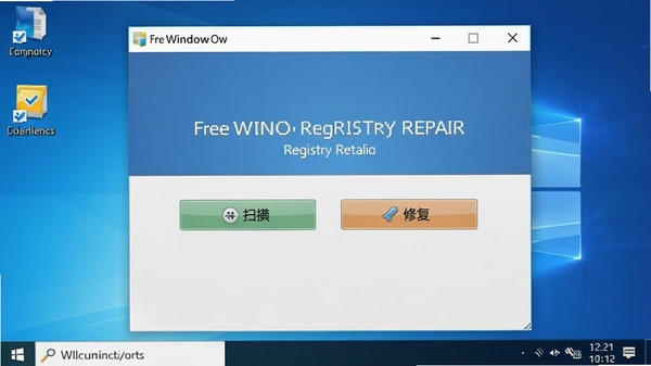 Free window registry repair 主界面截图，展示简洁的扫描按钮和修复按钮，背景为干净的蓝色渐变桌面环境，软件界面居中显示，整体风格专业且友好