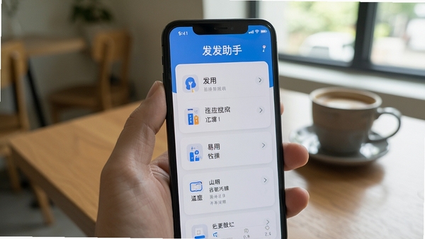 发发助手在手机上运行的实拍图，手机屏幕清晰显示软件主功能列表，背景为日常使用场景，光线自然，强调软件的易用性和稳定性。