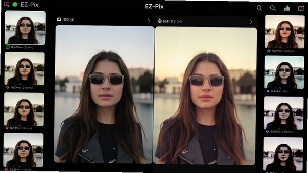 EZ-Pix 滤镜效果展示,一张普通照片通过软件应用了复古胶片滤镜,对比效果明显,界面周围展示多个滤镜缩略图,风格时尚