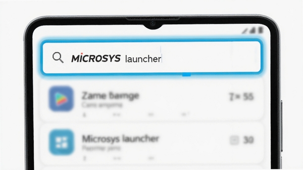 Microsys launcher快速搜索功能展示，顶部搜索框突出显示，下方列表为模糊匹配结果，背景为白色，界面干净，搜索框有高亮边框，结果列表带图标