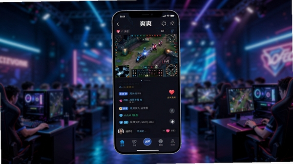 一张展示爽爽APP主界面全景的预览图,画面中央是深色科技感UI设计,包含电竞比赛直播画面、实时聊天弹幕以及底部导航栏,背景为模糊处理的电竞馆霓虹灯光,整体风格炫酷且富有动感,突出软件的电竞社交核心定位
