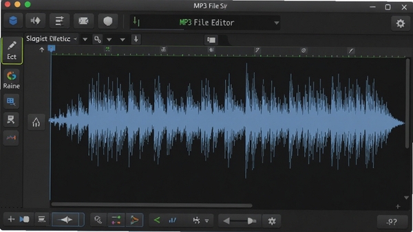 MP3 File Editor软件主界面截图,展示其音频波形编辑区域和功能按钮布局,界面简洁现代,背景为深色系,突出软件的专业感