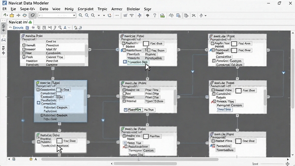 Navicat Data Modeler 中设计ER模型的场景，画布上多个数据表通过关系线连接，字段类型与约束清晰标注，界面显示拖拽操作光标，整体风格专业细致