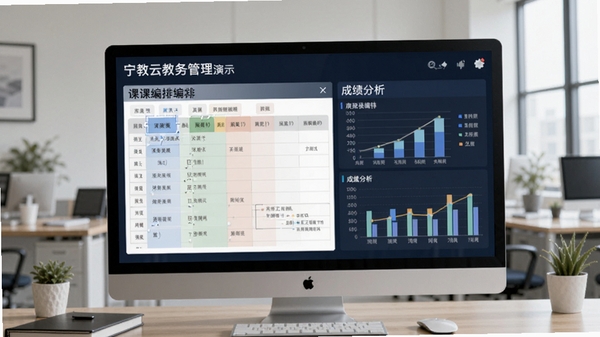 宁教云教务管理功能演示图，画面展示课表编排和成绩分析图表，背景是办公室环境，强调数据可视化与高效管理。