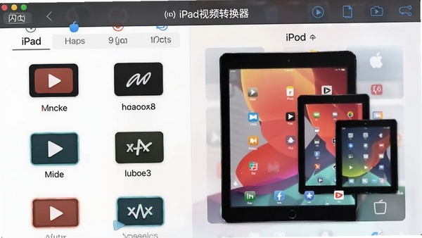 闪电iPad视频转换器格式选择界面，展示多种视频格式图标和iPad设备型号选项，界面设计清晰直观，色彩搭配和谐，突出软件广泛的格式兼容性