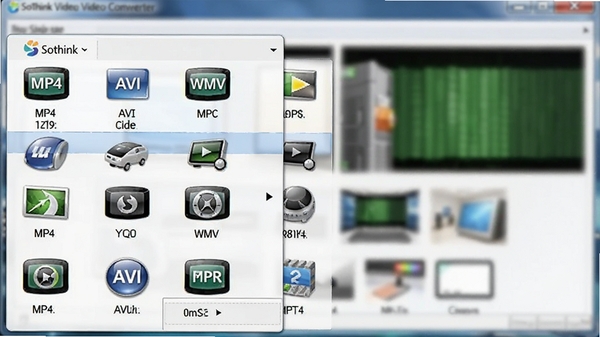 硕思视频转换器(Sothink Video Converter)格式选择菜单展开的细节预览图,画面聚焦于丰富的视频格式列表,包括MP4、AVI、WMV等图标,背景虚化处理,突出选项丰富度