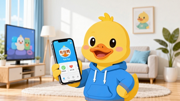 有戏鸭App全貌预览图，画面中央是一只拟人化的可爱黄色小鸭，手持智能手机，背景是简洁明亮的现代客厅，色调明快，突出软件轻松、有趣的品牌调性，画面风格扁平化设计，高清渲染。