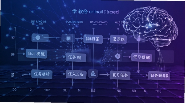 学什么软件智能规划功能示意图，展示目标拆解为日历任务的流程图，包含时间轴、任务节点与复习提醒，背景为科技感网格与大脑神经连接图案，配色以蓝紫渐变为主