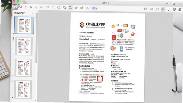 光速PDF阅读器主界面预览图，左侧为页面缩略图栏，中央显示高清PDF文档页面，顶部有简洁的工具栏，整体风格清爽明亮，背景为浅灰色工作台，细节丰富，适合软件界面展示
