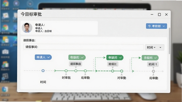 今目标软件考勤审批功能界面特写，显示一个请假申请单的审批流程，包括申请人信息、请假事由、时间轴上的审批节点与状态标记，界面清晰展示多级审批路径，背景为模糊的电脑桌面，突出软件操作便捷性