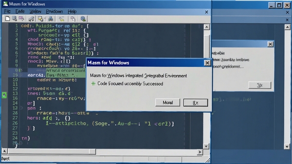 一幅展示Masm for Windows 集成实验环境进行代码汇编过程的截图，前景是正在高亮显示代码的编辑器窗口，背景是弹出的汇编成功提示对话框，整体画面以蓝灰色调为主，软件名称出现在对话框标题栏，画面风格写实清晰
