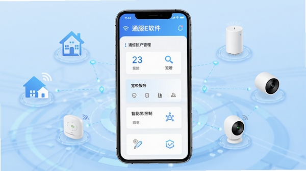 通服E家软件主界面预览图，展示通信账户管理、宽带服务、智能家居控制等核心功能模块，界面风格现代简洁，背景为浅蓝色科技感渐变，用户手机屏幕居中显示，周围有家庭网络图标和智能设备图标点缀，整体画面明亮清晰，适合应用商店宣传图
