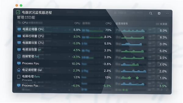 电脑状况监视器进程管理功能示意图，界面中列出多个进程及其CPU占用率，背景为半透明数据面板，整体色调简约商务