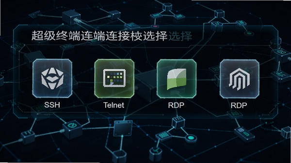 超级终端连接协议选择界面，显示SSH、Telnet、RDP等图标，背景为网络拓扑图，风格科技感十足