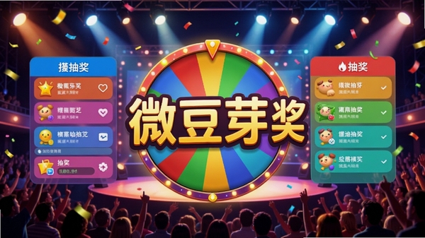 微豆芽抽奖软件主界面预览，展示彩色转盘与列表抽奖两种模式，背景为舞台灯光与观众席，画面中央突出软件名称，整体风格喜庆明亮