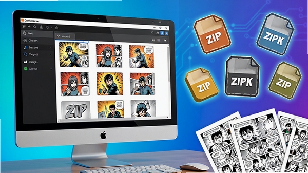 ComicsViewer软件功能展示图，画面左侧为电脑屏幕，屏幕上显示着软件界面，正在浏览一个ZIP压缩包内的漫画图片列表，右侧散落着几个压缩包图标和散落的漫画书页，体现软件免解压直接读取压缩文件的功能特点，构图清晰，科技感与漫画元素结合，色彩鲜明