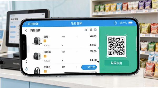 乐扫掌柜软件主界面预览图，画面主体为一部智能手机横屏显示商品扫码结算页面，屏幕上有清晰的商品列表、价格汇总和收款二维码，背景为整洁的收银台和货架，整体色调明亮，突出高效便捷的店铺管理场景