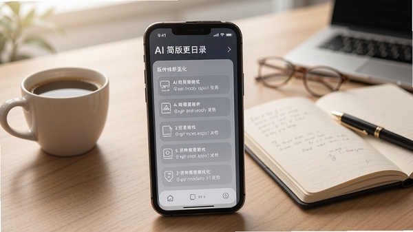 AI简历模版更新日志示意图，手机屏幕显示版本更新内容列表，背景为办公桌上放有咖啡和笔记本，整体色调柔和，突出软件持续优化的态度
