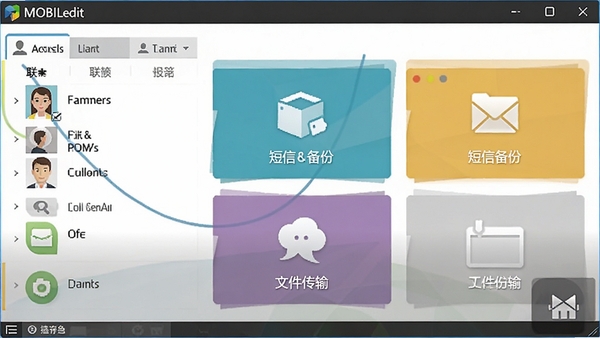 MOBILedit软件主界面预览图，展示联系人管理、短信备份、文件传输等核心功能模块，界面布局清晰，色彩专业，整体风格现代化，适合作为软件介绍首图