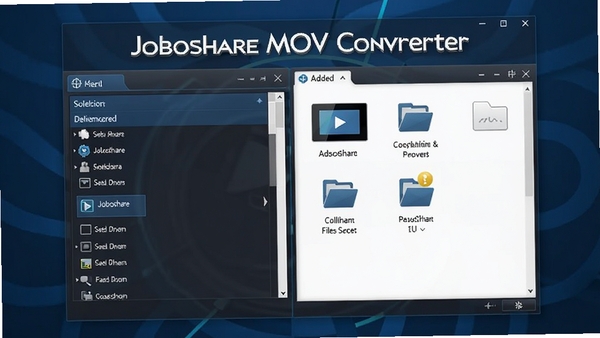 Joboshare MOV Converter软件主界面,展示清晰的视频转换功能布局,左侧为格式选择列表,右侧为文件添加区域,整体风格简洁现代,背景为深蓝色调,突出软件名称Joboshare MOV Converter,画面比例16:9,细节丰富,适合作为软件预览图